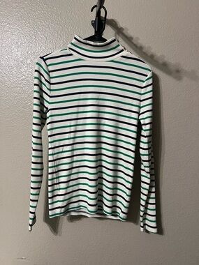 J.Crew White Ribbed Turtleneck with Navy & Green Stripes